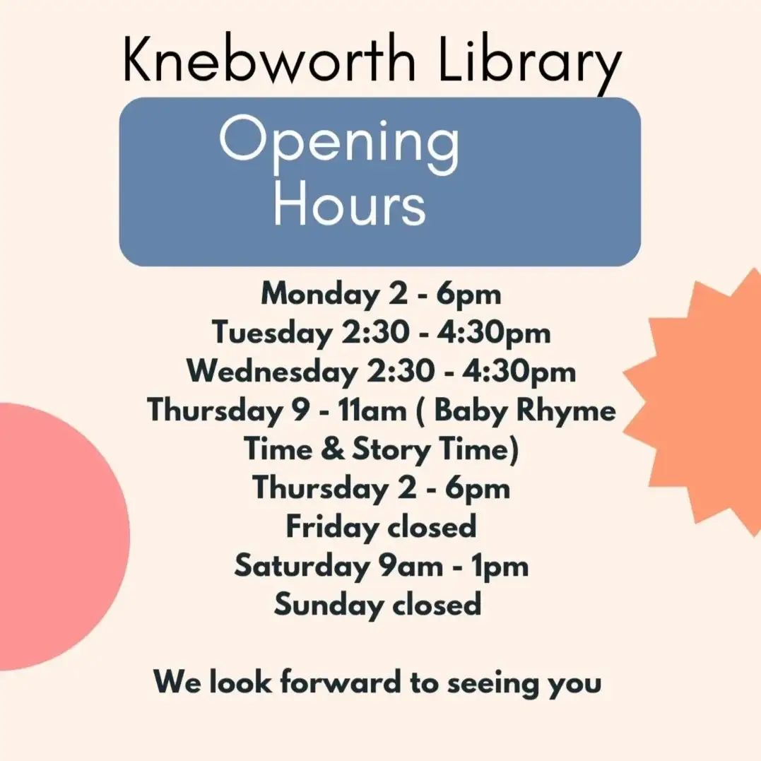 KnebCommLibrary's tweet image. Come visit us at Knebworth Library 

Our Opening Hours are:-

Monday 2-6 for a Warm Welcome 
Tuesday 2.30-4.30
Wednesday 2.30-4.30
Thursday 9-11 for Baby Rhyme Time &amp;amp; Story Time 
Thursday 2-6 for a Warm Welcome 
Saturday 9-1 for a Warm Welcome