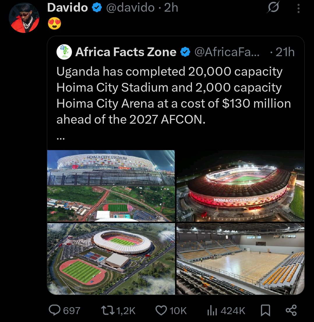 Davido also reacted . Please let's invite Davido on the opening ceremony 🥰.<a href="/kirya_ug/">Kirya Ug 🇺🇬</a> <a href="/NBSAfter5/">NBS After 5</a> <a href="/HoimaStadium/">Hoima City Stadium</a> <a href="/davido/">Davido</a> <a href="/GovUganda/">Government of Uganda</a>
