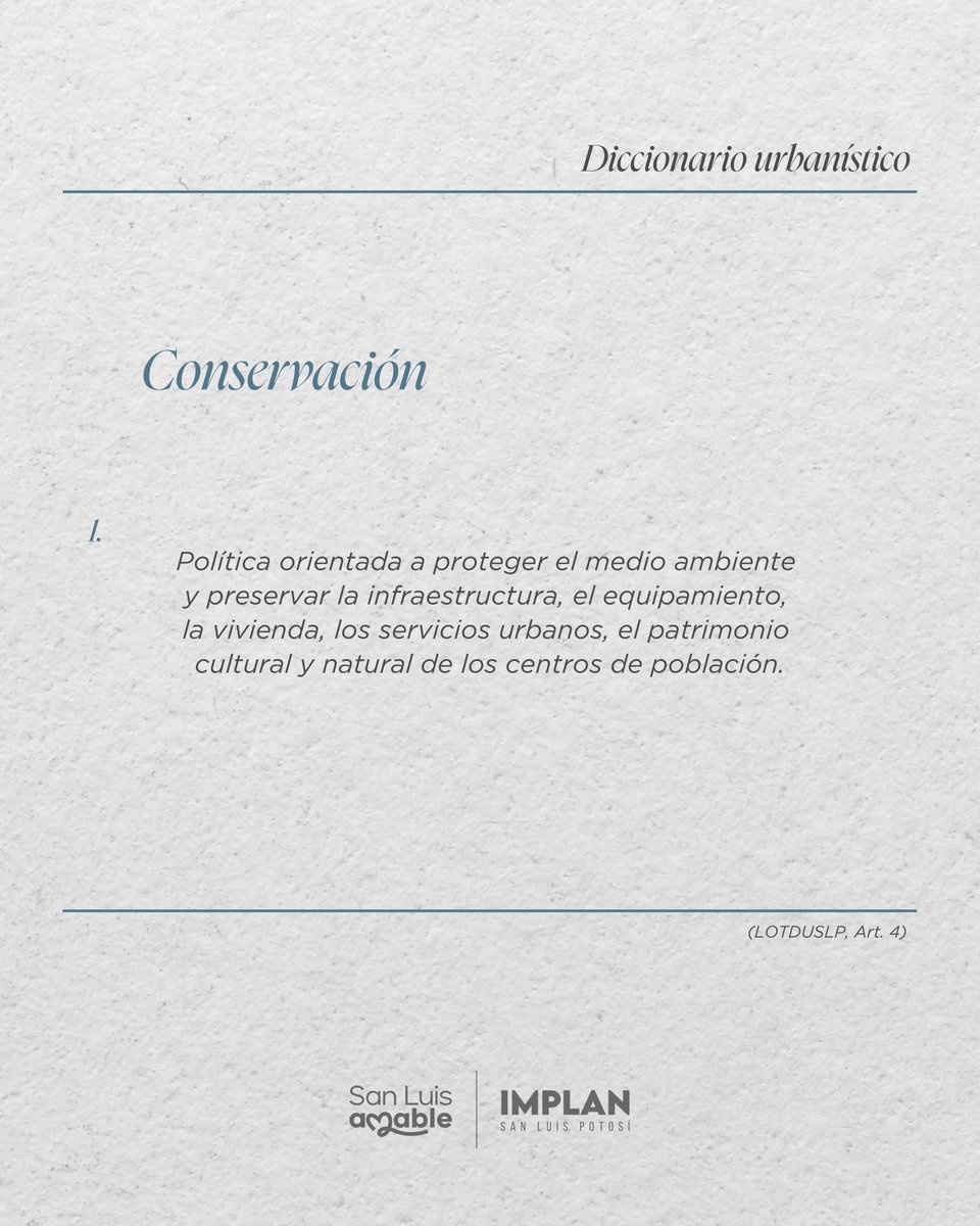 implanslp's tweet image. ¿Sabías qué significa conservación en el contexto urbano? 📷

Es el conjunto de acciones que protegen el medio ambiente y preservan el patrimonio cultural y natural de nuestras ciudades.

#Diccionariourbanístico #yohagosanluisamable