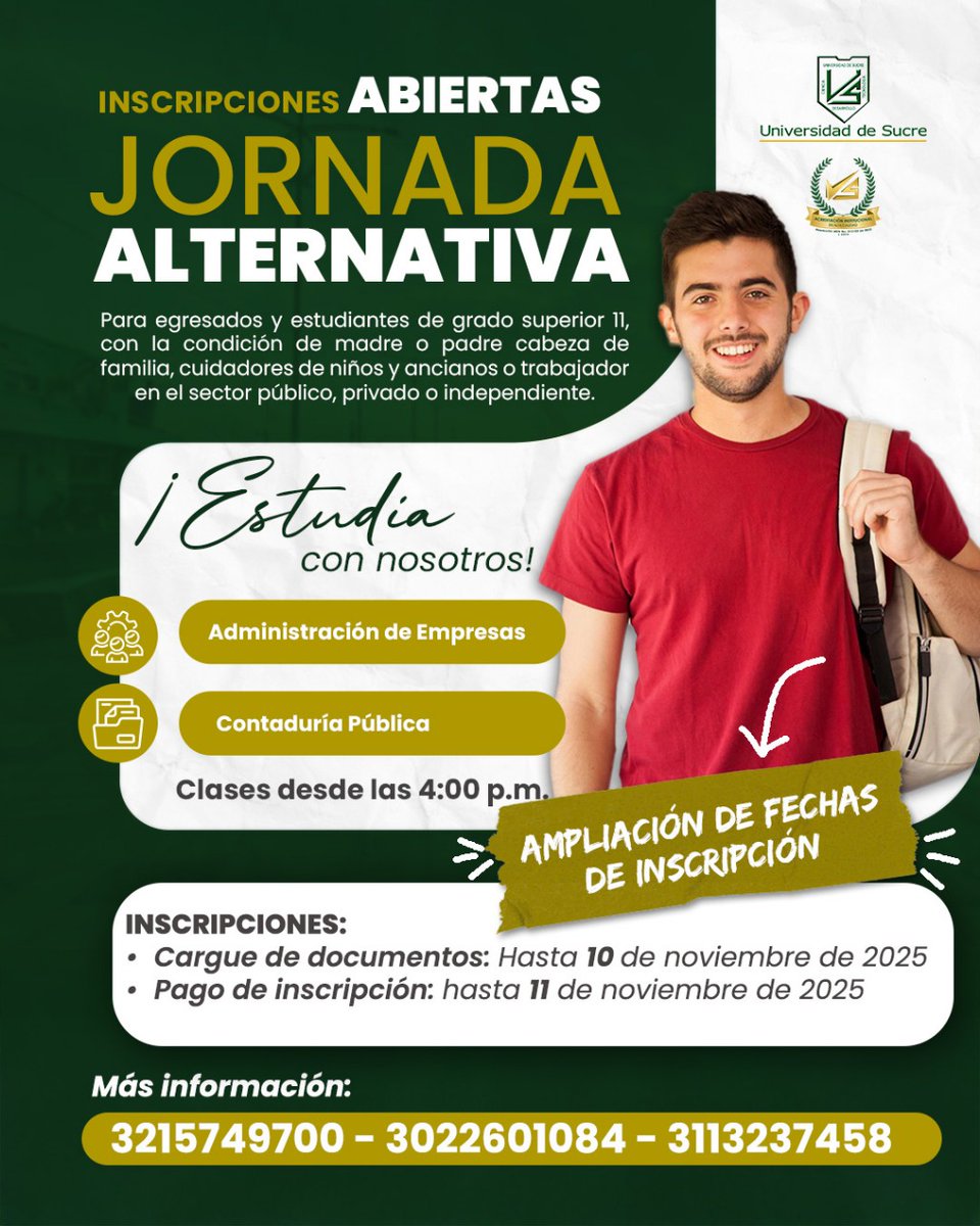 Unisucre's tweet image. 🟢⚪️¡Ampliación de fechas de inscripción para la Jornada Alternativa de la Universidad de Sucre! 💚

• Cargue de documentos: Hasta el 10 de noviembre de 2025
• Pago e inscripción: Hasta el 11 de noviembre de 2025

🌐 unisucre.edu.co