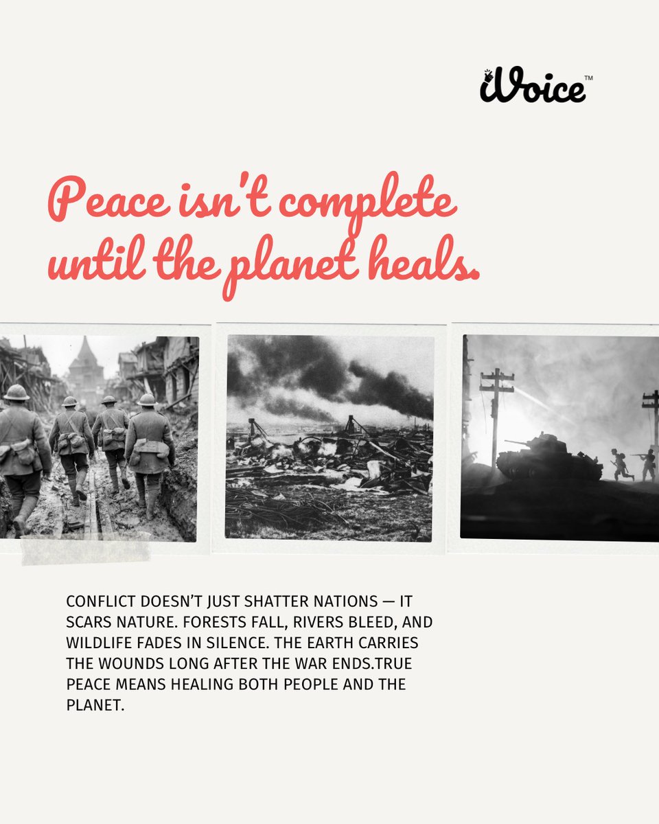 ivoice_today's tweet photo. War destroys more than lives ,  it destroys the planet. 🌿
On #EnvironmentInConflict Day, let’s protect the Earth,  the silent victim of human battles.
Visit https://t.co/sNxKmbaJqk 
 and vote for campaigns defending nature from conflict, because every vote and every voice matters. 🌍

#PeaceForThePlanet #EcoJustice #ClimateAction #TheiVoice #GreenPeaceNotWar