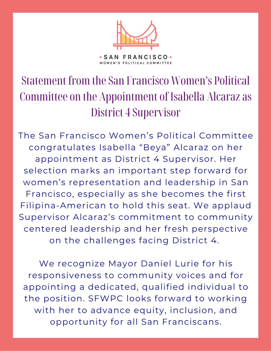 SFWPC statement on the recent appointment of Isabella Alcaraz as District 4 Supervisor.