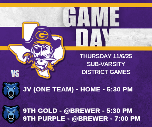 🚨LAST SUB-VARSITY DISTRICT GAMEDAY🚨

🗓️Thursday, November 6th

🏴‍☠️JV vs Brewer | ⏰5:30 PM 
📍Pirate Stadium 
🎟️ granburypirates.com/HTtickets

🏴‍☠️9th Gold @ Brewer | ⏰ 5:30 PM
🏴‍☠️9th Purple @ Brewer | ⏰7:00 PM
📍1025 West Loop 820 North Fort Worth, TX 76108
🎟️events.hometownticketing.com/boxoffice/wsis…