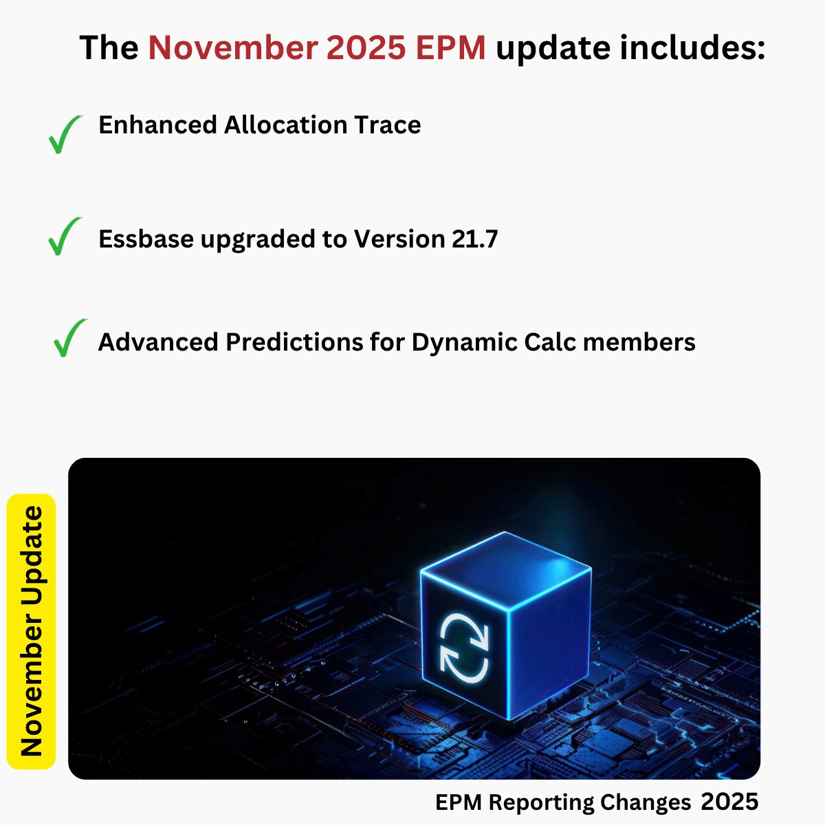 imedgraham's tweet photo. Exciting news, November Oracle EPM Update is here!

This month’s release brings some major improvements designed to enhance performance, accuracy, and automation across Oracle EPM:

🔹 Enhanced Allocation Trace in Enterprise Profitability and Cost Management for deeper, node-level analysis.

🔹 Essbase upgraded to Version 21.7, delivering faster performance and improved scalability.

🔹 Advanced Predictions now available for Dynamic Calc members – enabling more accurate forecasting at every level.

Our experts at GK share their insight into what these updates mean in practice and how they can benefit your finance team.

👉 Read the full November EPM Update on our website: https://t.co/RaCPolrGPE

#OracleEPM #EnterprisePerformanceManagement #Essbase #EPMCloud #FinancialPlanning #PredictivePlanning #GKInsights