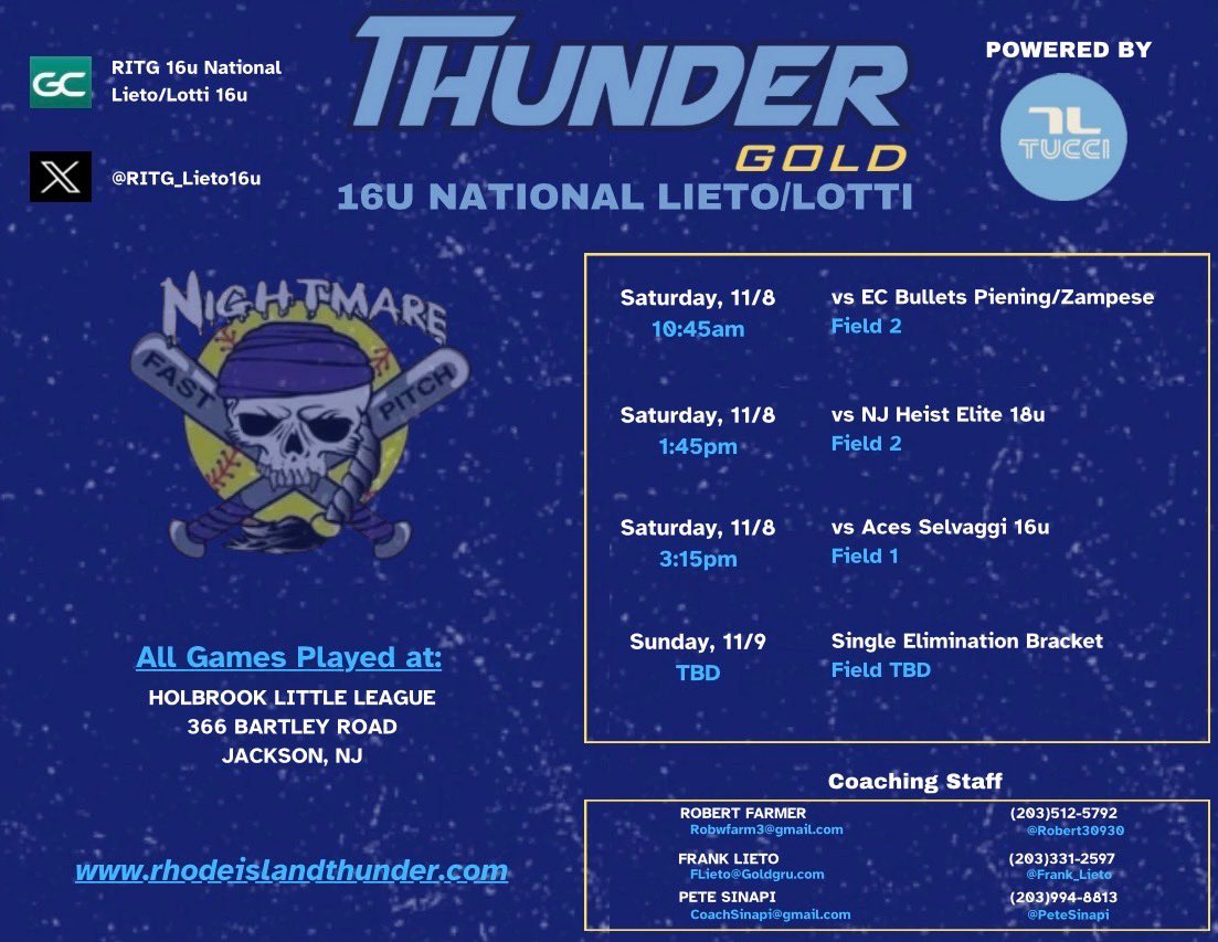 This weekend we play in the <a href="/nightmarefp/">Nightmare Fastpitch</a> Power 8 Showcase! Below is our schedule! <a href="/RITG_Lieto16u/">RITG National Lieto/Lotti 16u</a> <a href="/Frank_Lieto/">Frank Lieto</a> <a href="/petesinapi/">Pete Sinapi</a> <a href="/robert30930/">Robert Farmer</a>