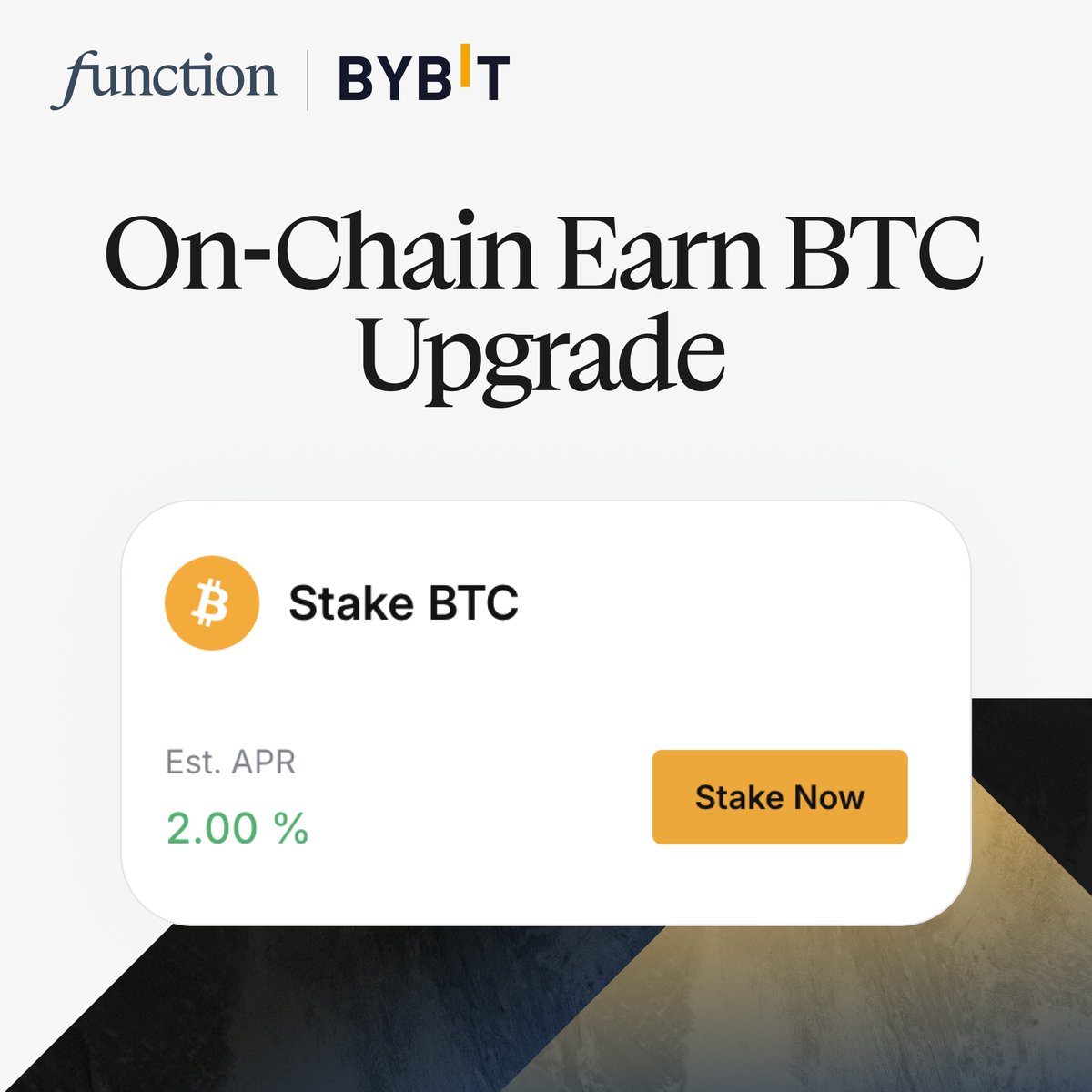 FunctionBTC's tweet image. The On-Chain Earn program on @Bybit_Official has updated its $BTC staking offering, increasing the APR to 2%, supported by @Function’s $FBTC.

What&apos;s new?
✔️ BTC APR Increased to 2%
✔️ Expanded product cap to 1,000 BTC
✔️ Fixed 45-day term with an Auto-Reinvest option

Learn more…