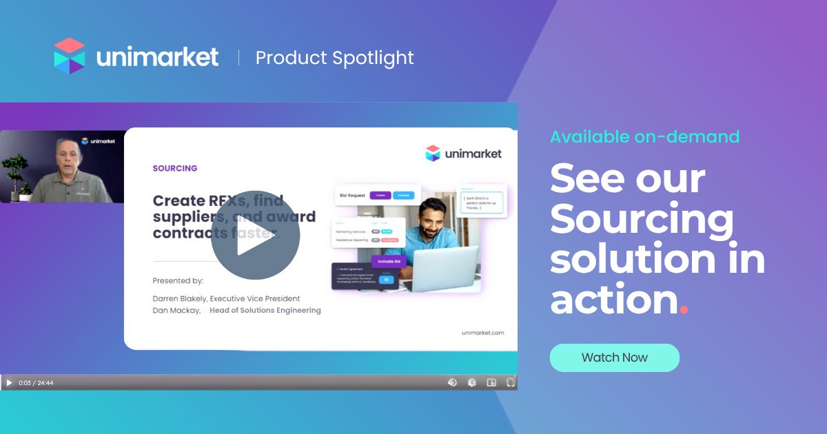 Unimarket's tweet image. 🎥 Now on demand: Discover how Unimarket’s Sourcing solution makes bid creation, evaluation, and supplier communication simple, transparent, and efficient. Watch now → hubs.li/Q03S1gdc0

#SmartSourcing #SourceToPay #Procurement #RFP #RFQ #HigherEdProcurement