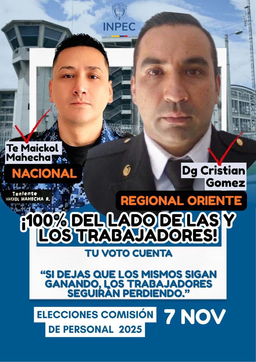 🗳️ ¿Estás listo para las elecciones del 7 de noviembre de 2025?
Ese día elegiremos a nuestros representantes para las Comisiones de Personal del INPEC.

Recordemos que este es un compromiso de todos y todas: votar con responsabilidad es fortalecer nuestra voz y nuestros derechos.