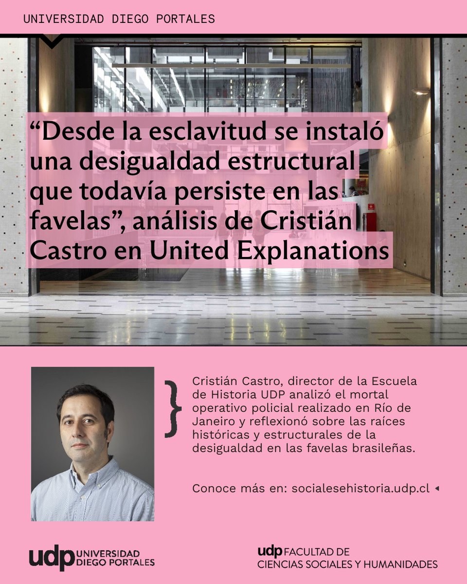 📢 #PrensaFCSH | 🗞️ Cristián Castro, director de la Escuela de Historia UDP, participó en United Explanations con un análisis del reciente operativo policial en Río de Janeiro. 🇧🇷📚

🔗 Más información en: historia.udp.cl

#UDP #FCSHUDP #HistoriaUDP #PrensaUDP
