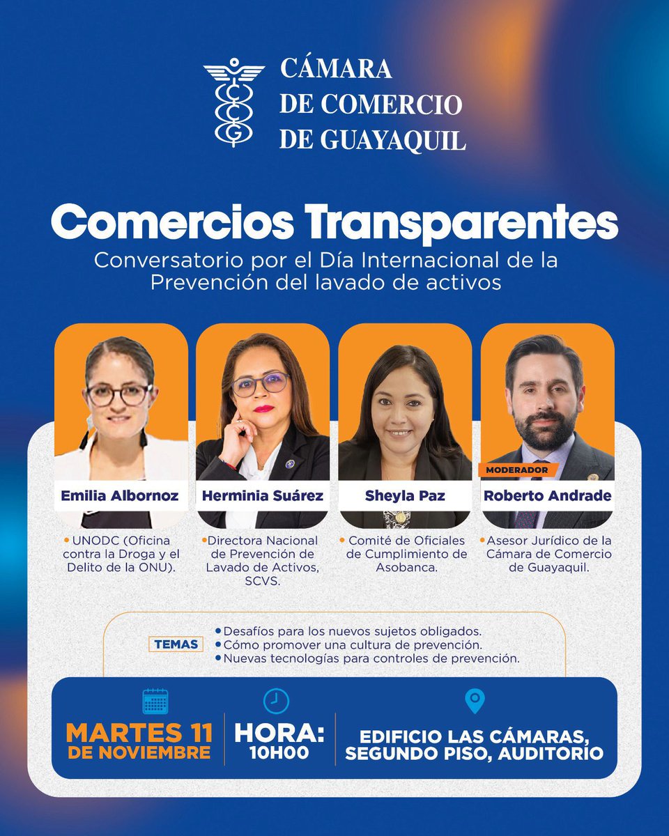 El 11 de noviembre se va a conmemorar el Día Internacional de Prevención del Lavado de Activos en <a href="/lacamaragye/">Cámara de Comercio de Guayaquil</a> .

Participarán representantes de la Superintendencia de Compañías, de la <a href="/EcuadorUnodc/">UNODC ECUADOR</a>  y del comité de oficiales de cumplimiento de <a href="/asobancos/">Asobanca</a>.

¡Invitados todos!