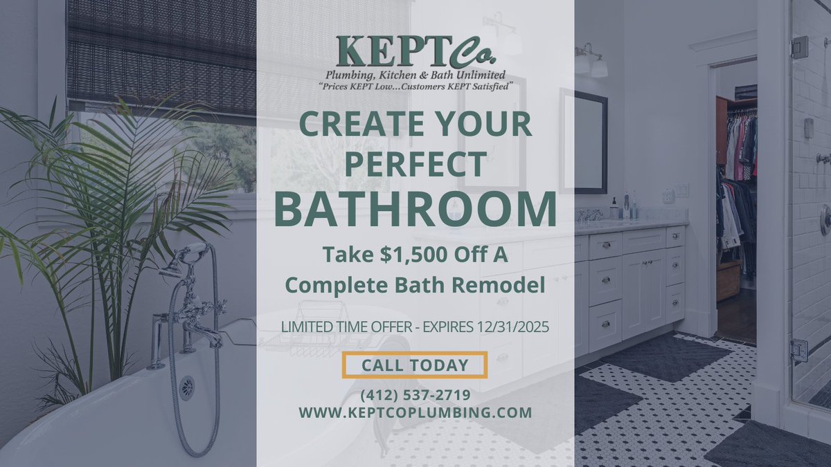 🚿 Save $1,500 on your dream bathroom!

Now through 12/31/25, KEPTCo Plumbing’s locally owned Pittsburgh team delivers quality remodeling with care and craftsmanship.

📞 Call (412) 537-2719 to schedule your free consultation today!

#BathroomRemodel #Pittsburgh #KEPTCo 🛁✨