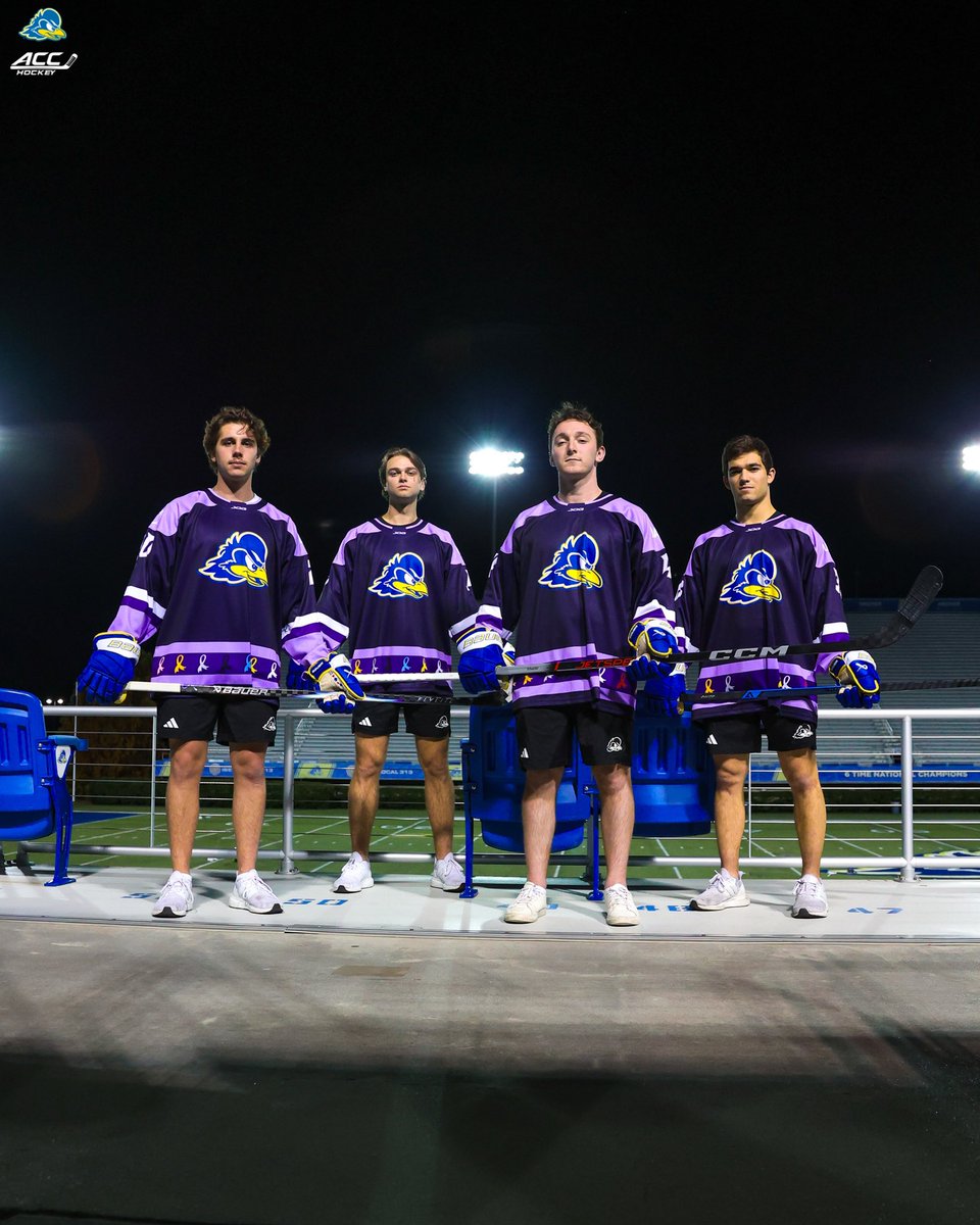 UDHockey's tweet photo. FOR THE FIGHT🎗️💜
🐓🏒 #hockeyfightscancer #UDMIH #DelawareHockey #GoHens #UDpride #ACChockey #fightforacure #jerseyreveal https://t.co/yUiGiUNAuF
