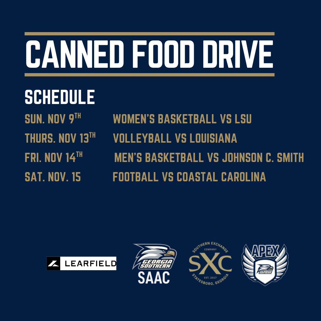 GSAthleticsAPEX's tweet image. Fight against hunger and donate non-perishable canned food items at the Women&apos;s Basketball game vs LSU TOMORROW!

Donations will be collected during pre-game in preparation for our partnership with the Statesboro Food Bank for a FB game day Food Drive (Nov 15th)

@GSAthletics