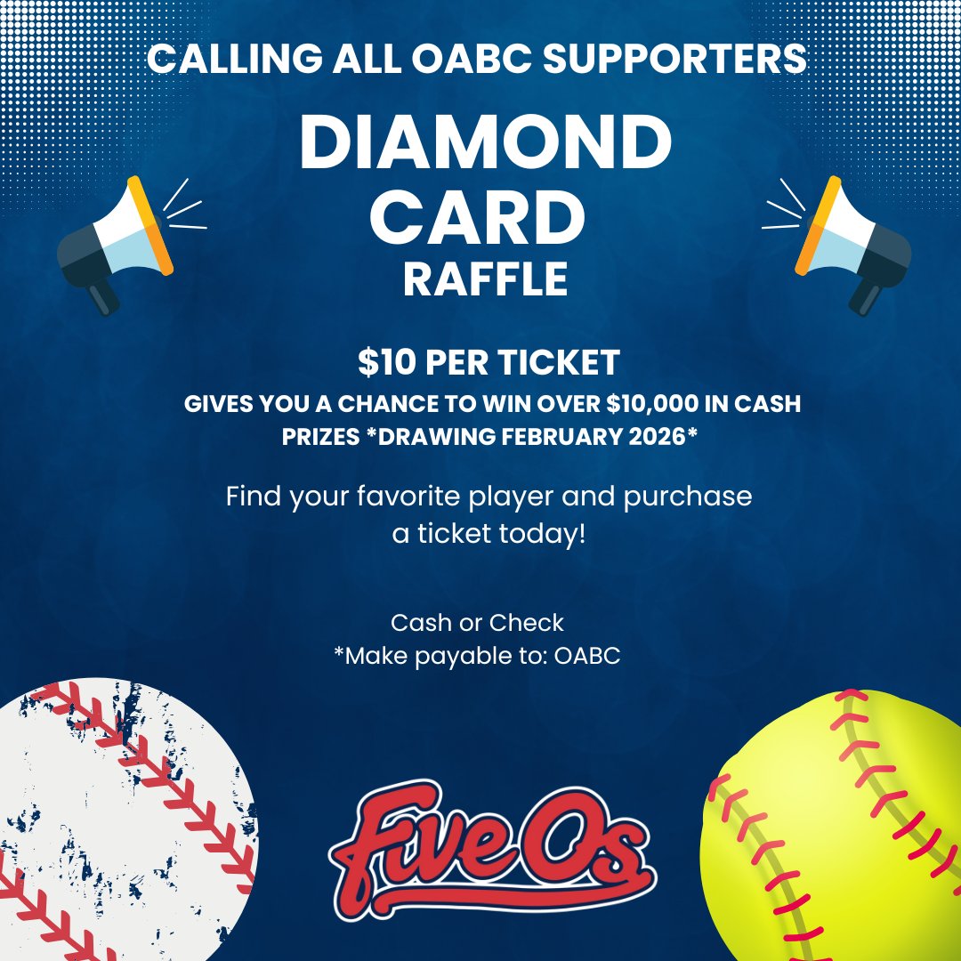 Players are out there selling Diamond Card Raffle Tickets to help support our growing program. Purchase one (or more!) from your favorite Five O's players!

🎫$10 per ticket
💵$10,000+ in cash prizes
🥎⚾️Help us support our young players development!
#OconomowocAreaBaseballClub