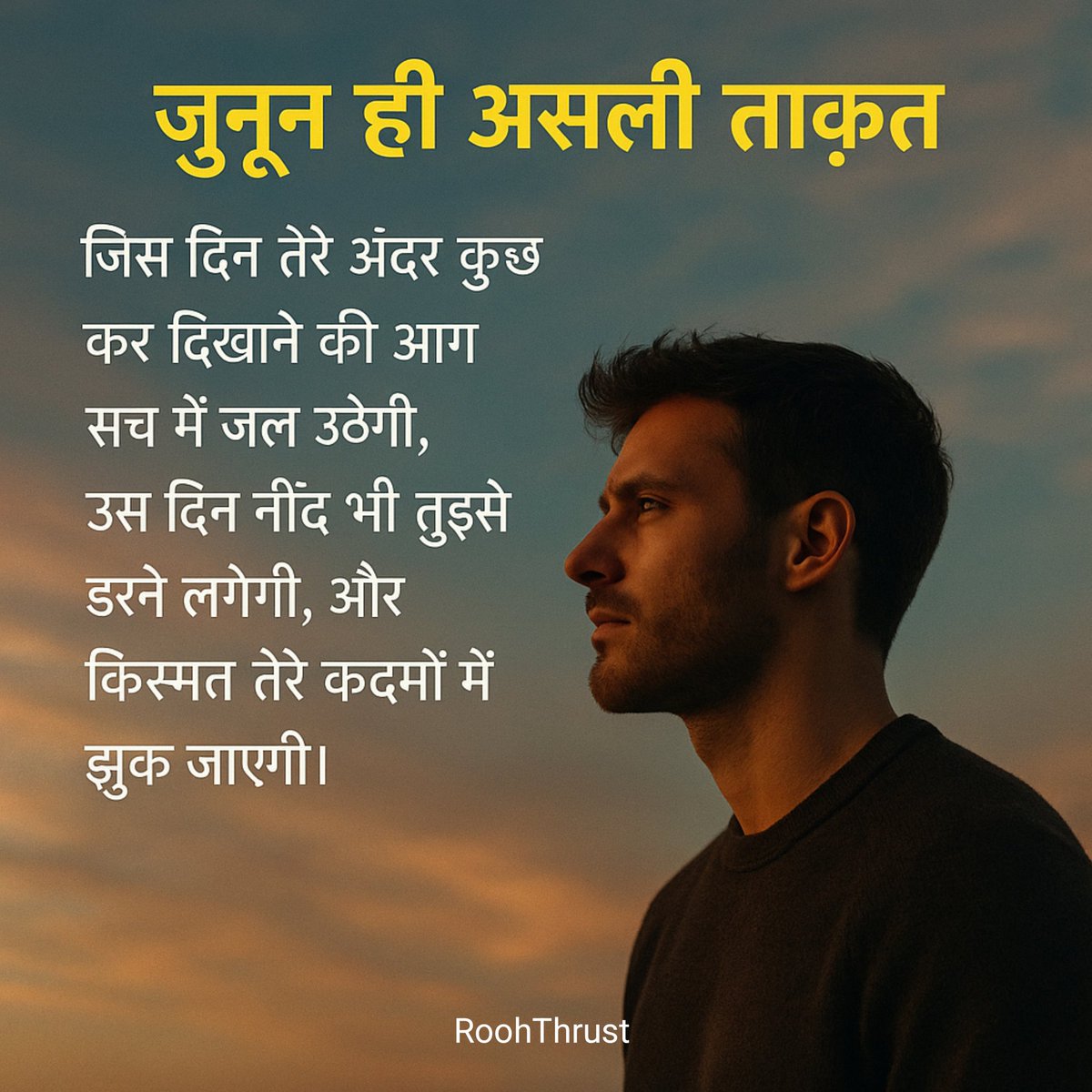 जुनून ही असली ताक़त

जिस दिन तेरे अंदर कुछ कर दिखाने की आग सच में जल उठेगी, उस दिन नींद भी तुझसे डरने लगेगी, और किस्मत तेरे कदमों में झुक जाएगी।