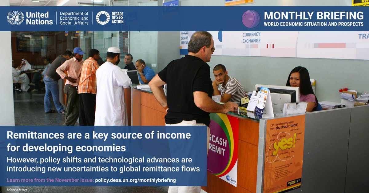 UNDevelopPolicy's tweet image. #Remittances are an important income source for millions of households in developing countries.
However, recent policy and technological changes are adding new uncertainties to the global remittance landscape.
Learn more from our November Monthly Briefing: policy.desa.un.org/monthlybriefing