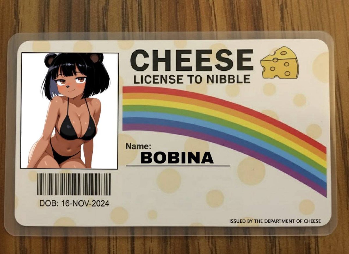 Just got my License to Nibble thanks to <a href="/CheeseCoinX/">Cheese</a>! 

0xAF3a37E800991501b88DC4745A96cc8Fc3D5Cb52

$CHEESE $BOBINA #NibbleBot #NibbleTech #LicensedToNibble #GoudaDay