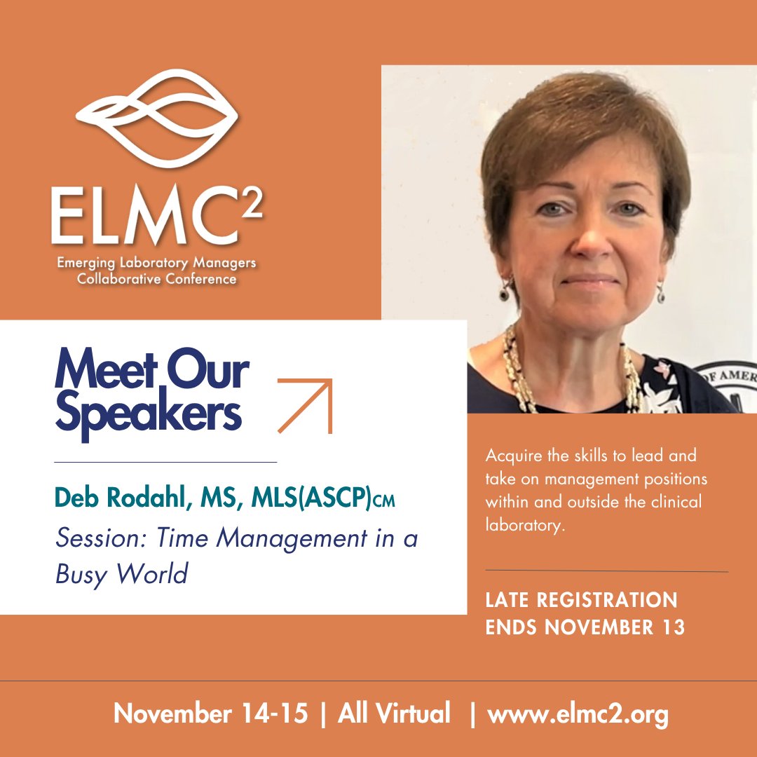 ASCLS's tweet photo. Learn how to work smarter, stay focused, and lead effectively in a fast-paced #MedicalLaboratory environment.
Join Deb Rodahl, MS, MLS(ASCP)CM, at the all-virtual Emerging Laboratory Managers Collaborative Conference, Nov 14-15.
#ELMC2 registration ends Nov 13.
#IamASCLS https://t.co/V1zKtEhn1a