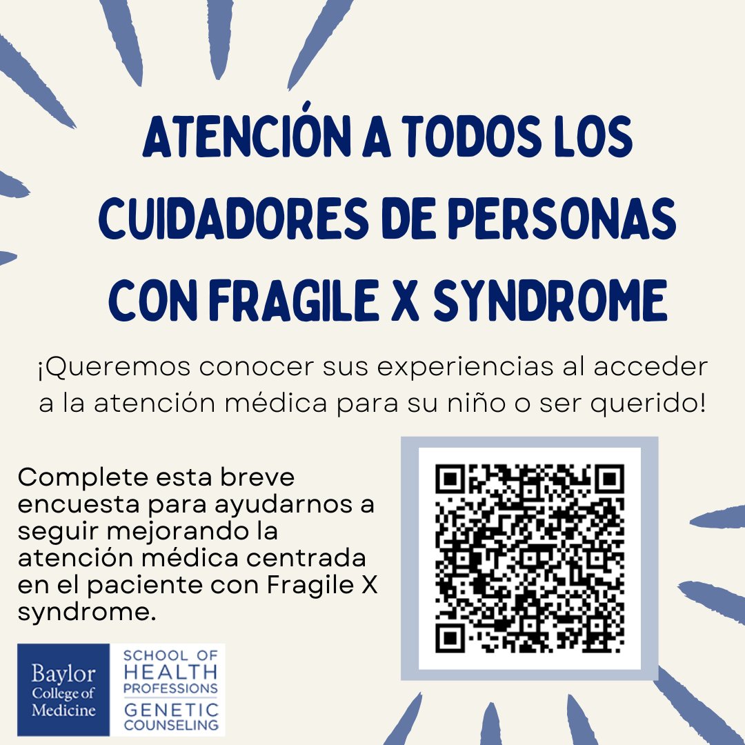 🌟Research Opportunity for Caregivers🌟

If you care for someone w/ Fragile X syndrome, we want to hear from you! Researchers at Baylor College of Medicine are studying caregiver experiences with clinics.

🖊️ Take a 15–30 min survey &amp; help improve care!
👉 hubs.ly/Q03NspK20
