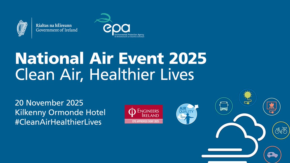 EngineerIreland's tweet image. The EPA’s National Air Event 2025, “Clean Air, Healthier Lives”, will take place on Thursday, 20 November at the Kilkenny Ormonde Hotel. 

For more details on this event and to register, visit epa.ie/who-we-are/con…  

#NationalAirEvent2025 #AirQualityIreland #EngineeringCPD