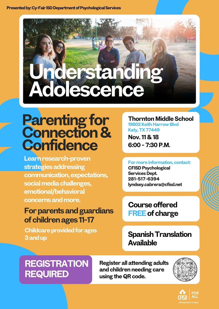 CyFairISD's tweet image. Our psychological services team is offering upcoming parent trainings on Nov. 11 &amp;amp; 18 at Thornton MS &amp;amp; Lieder ES. Register today for:

- Understanding Adolescence (parents of children ages 11-17): buff.ly/fYGJSvv 
- Building Positive Behaviors (parents of children ages…