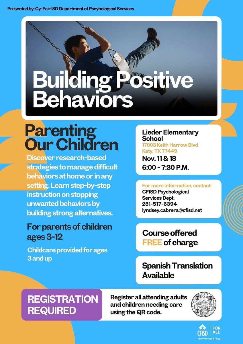 CyFairISD's tweet image. Our psychological services team is offering upcoming parent trainings on Nov. 11 &amp;amp; 18 at Thornton MS &amp;amp; Lieder ES. Register today for:

- Understanding Adolescence (parents of children ages 11-17): buff.ly/fYGJSvv 
- Building Positive Behaviors (parents of children ages…