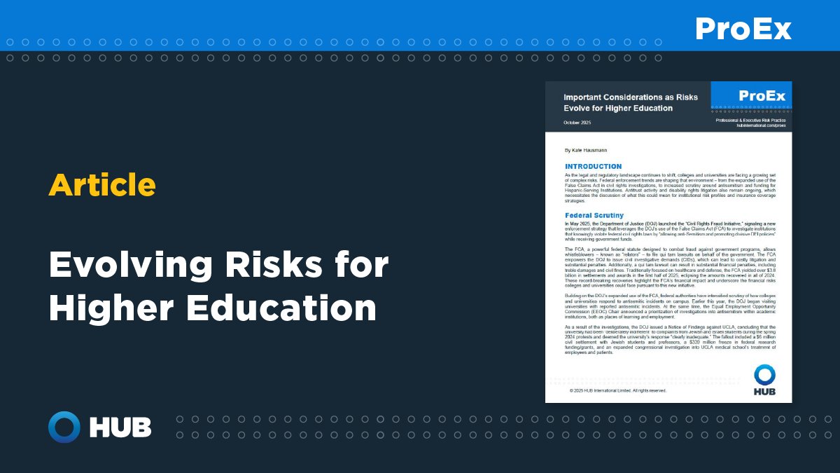HUBInsurance's tweet photo. Evolving regulations are reshaping higher ed risk. From civil rights enforcement to funding scrutiny, HUB’s #ProEx experts share how colleges can strengthen insurance strategies. Read more: https://t.co/vDGY9rNe4d

#HigherEducation #RiskManagement https://t.co/C6orJVqCUB