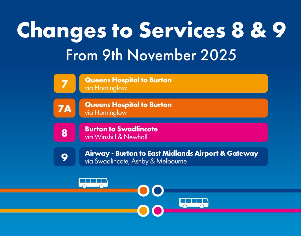 Service 8 &amp; 9 changes from 9th November.
Passengers are reminded there will be some changes to the 8 &amp; 9. Both services will terminate at New St, with onward travel to Queens Hospital available with a new 7 &amp; 7A.

For details and timetables, please visit: diamondbuses.com/service-update…