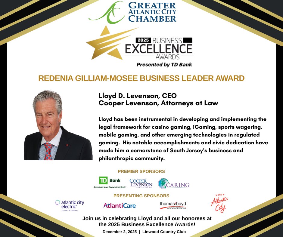 AcChamber's tweet photo. The countdown to the 2025 Business Excellence Awards begins!  Meet Honoree, Lloyd D. Levenson, and join us on December 2 as we celebrate the people driving our region's success.
Register Now to Attend - https://t.co/lJ2Xianu2N
#GACC #CooperLevenson #BusinessExcellenceAwards https://t.co/HQAmFebXwc