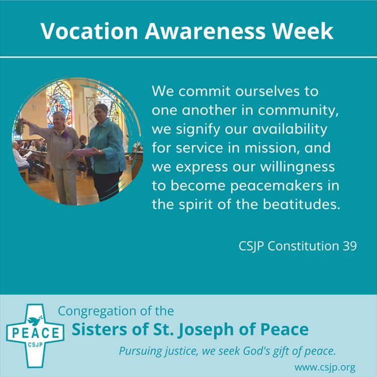 SistersofPeace's tweet image. We commit ourselves  to one another in #community, we signify our availability for service in mission, and we express our willingness to become peacemakers in the spirit of the beatitudes. - CSJP Consitution 39

#vocationawarenessweek #womenreligious #vocations