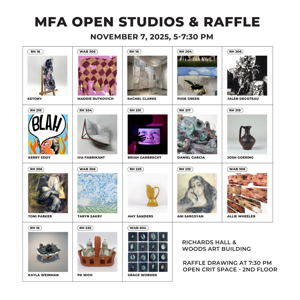 UNLArts's tweet image. UNL&apos;s MFA artists are opening their doors! Don&apos;t miss Open Studios and Raffle on Friday, Nov. 7 from 5-7:30pm in Richards Hall &amp;amp; Woods Art Building. Free. For more info, visit go.unl.edu/6eqf. #UNLarts #LNK