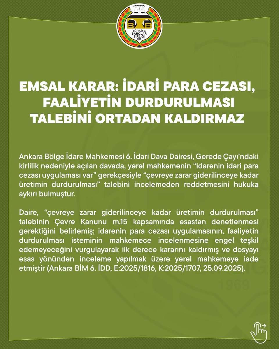 tbbcevre's tweet photo. İdari Para Cezası Faaliyetin Durdurulması Talebini Ortadan Kaldırmaz.Yargısal Denetim için çok önemli bir karar https://t.co/JYGOEzP7zK