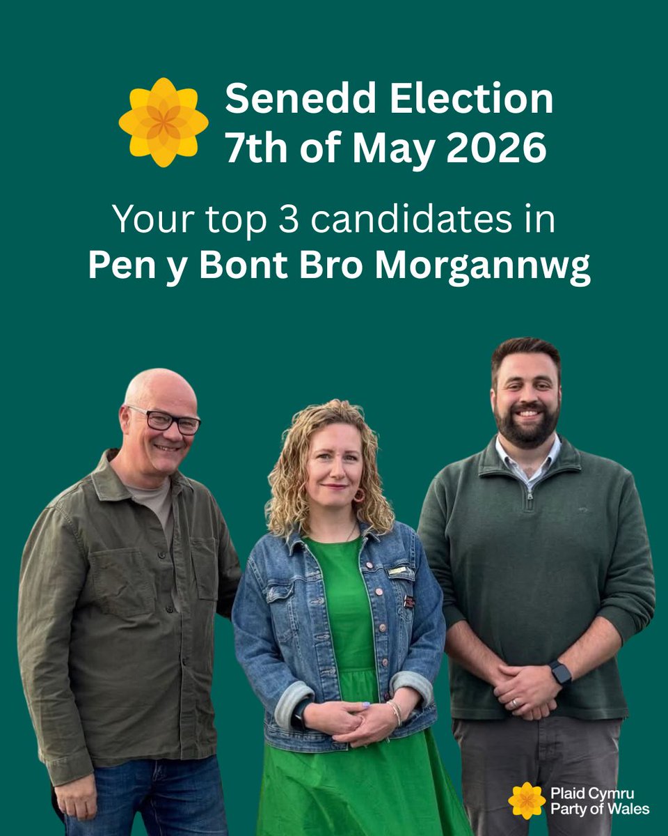 Announcing your top 3 candidates in Pen y Bont Bro Morgannwg for the 2026 Senedd election: <a href="/markjhooper/">Mark Hooper</a>, Sarah Rees, and <a href="/FletcherPlaid/">Luke Fletcher AS/MS</a>. Plaid Cymru will offer fairness, ambition, and hope for all of Wales. 🏴󠁧󠁢󠁷󠁬󠁳󠁿

#plaidcymru #plaidpbm #senedd2026