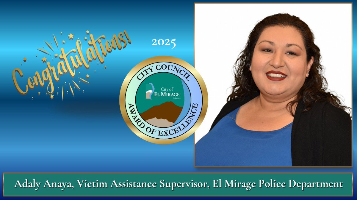 🎉 Congratulations to Adaly Anaya, Victim Assistance Supervisor of the El Mirage Police Department, recipient of the 2025 City Council's Employee Award of Excellence for outstanding public service. 💜  Watch a video tribute to Adaly's service: youtu.be/JzUdJ7yzvl0
#Caring