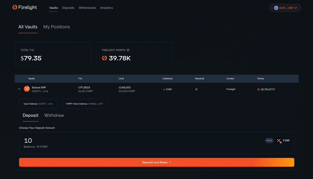 When we're live:

1️⃣ Choose your vault
2️⃣ Enter amount or hit MAX
3️⃣ Review details &amp; click Deposit &amp; Stake
4️⃣ Approve $FXRP spending in your wallet
5️⃣ Once approved, click Finish Staking
6️⃣ Confirm final tx - you’ve minted $stXRP 

Get the full guide: medium.com/@Firelight/ste…