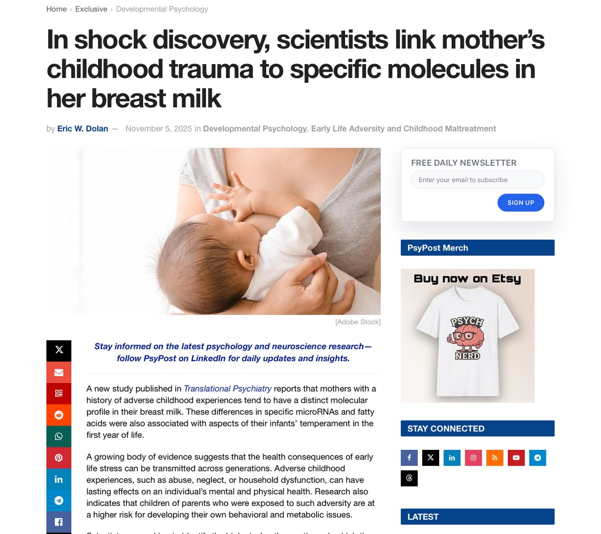 Babygravy9's tweet photo. A warning to my fellow breastmilk enjoyers.

If you’re sourcing breastmilk, you need to pay close attention to provenance. Of course, this is true of all food and drink, but a new study shows that a mother’s childhood traumas are linked to the specific composition of her breastmilk.

The researchers found that childhood traumas influence the fatty-acid and micro RNA composition of breastmilk, and that that these substances could, quite literally, pass on the traumas to the child and influence their mental and emotional development.

TL;dr — your breastmilk could be giving you bad vibes. Source your breastmilk only from mothers who had a serene, untroubled childhood.