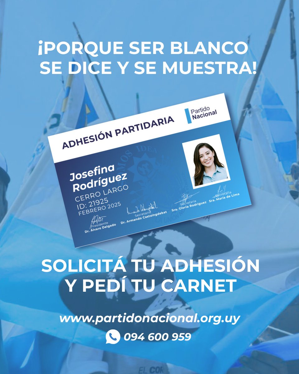 ¡Porque ser blanco se dice y se muestra!
👉 Solicitá tu adhesión y pedí tu carnet en:
🌐 partidonacional.org.uy￼

#PartidoNacional #Uruguay 
#QueLindoEsSerBlanco