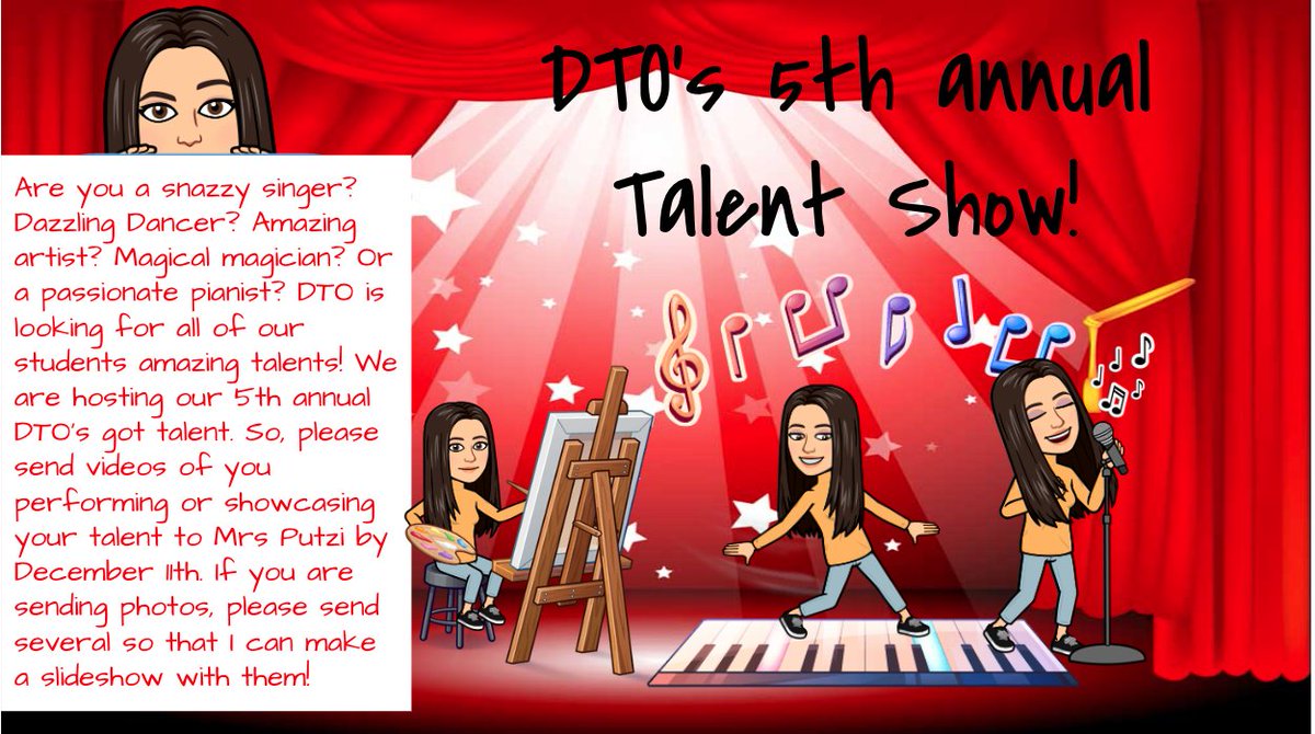 🎉 DTO’s 5th Annual Talent Show is back! 🎉
Are you a snazzy singer? A dazzling dancer? An amazing artist or magical magician? 🪄🎨🎤
We can’t wait to see your amazing talents, Discovery Trailblazers! 🌟
Send in your videos or photos to Mrs. Putzi by Dec. 11.
#RVSed