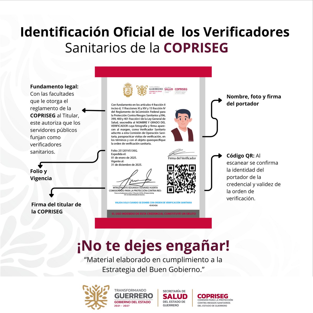 #SeamosHonestos #notedejesengañar
Conoce los elementos que integran la credencial de un verificador sanitario de la COPRISEG.
🔵 Mantente informado en nuestras redes sociales:
X: <a href="/COPRISEGro/">COPRISEG Guerrero</a>
IG: copriseggro.oficial
Facebook: COPRISEGro
