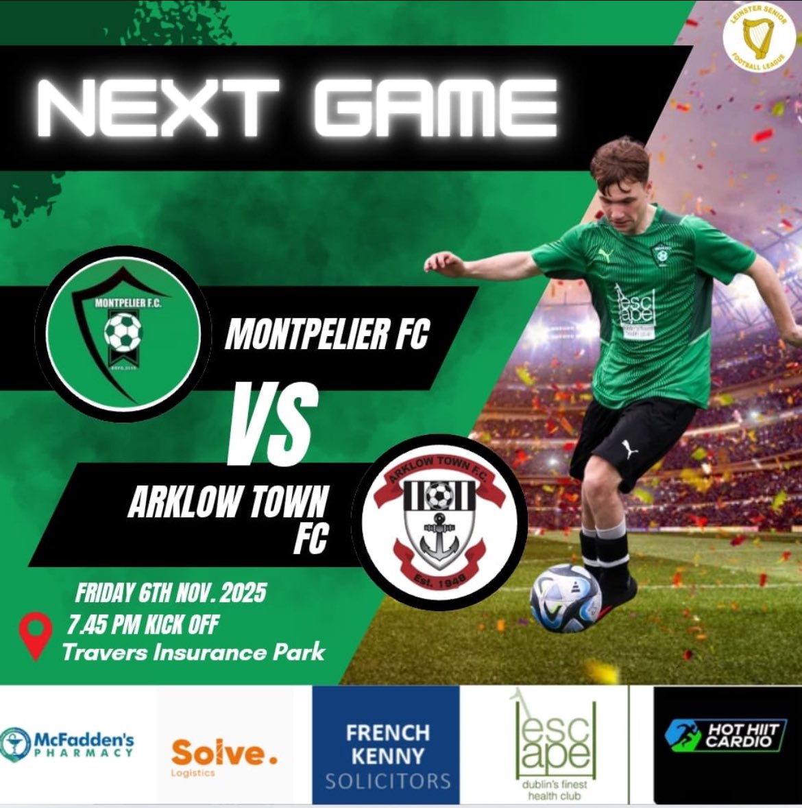 MPFC20's tweet image. Fixture: ⁦@LSLLeague⁩ Senior 1

We travel to face ⁦@ArklowTownFC1⁩ tomorrow evening, our lads looking to get back to winning ways kick off 7:45pm 💚🖤

⁦@AlQuinn2015⁩ 
⁦@FinalWhistleIE⁩ 
⁦@hitthechannels⁩
