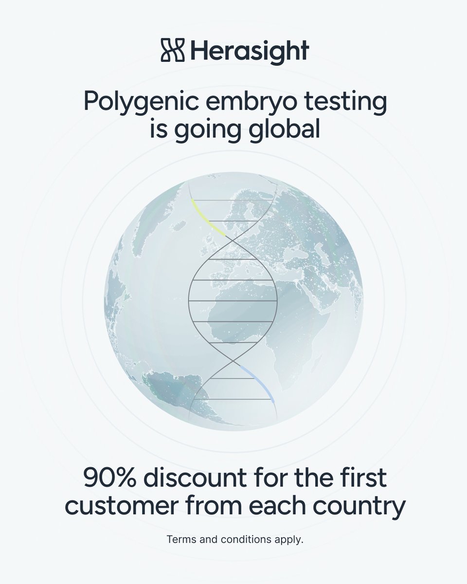 herasight's tweet image. We’re offering a 90% discount to the first qualified customer from each country in the world (T&amp;amp;Cs apply).

Contact us if you’re interested in testing your embryos: herasight.com/get-early-acce…