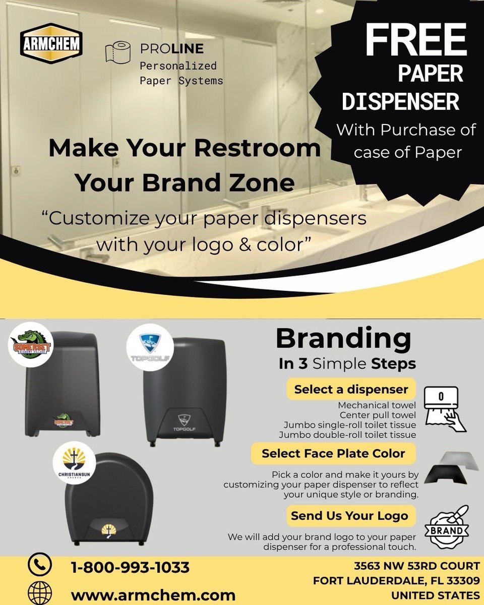 ArmchemStore's tweet image. Make your restroom part of your brand story.
Customize your ProLine dispensers with your logo &amp;amp; color — and get your first one FREE with any paper case purchase!
🧴 Learn more → armchem.com
#ProLine #Armchem #SmartHygiene #BrandingMatters #FacilityCare