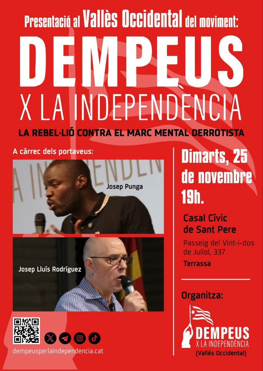 dempeusXindepe's tweet image. 🔴🔴
 Acte de presentació del moviment DEMPEUS PER LA INDEPENDÈNCIA al Vallès Occidental.

📍A Terrassa, dimarts 25 de novembre, a les 7 del vespre, al Casal Cívic de Sant Pere, al Passeig del Vint-i-dos de Juliol, 337. 

dempeusperlaindependencia.cat/adhereix-t-hi/

Rebel·lem-nos!!!

#Independència!