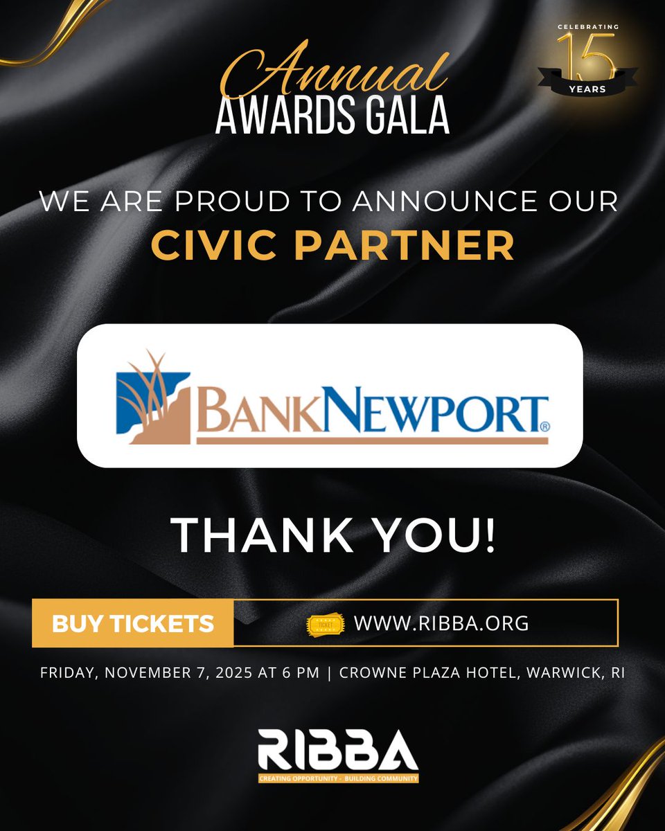 We are proud to celebrate our Civic Partner, Bank Newport! 🎉

Thank you for your ongoing support of #RIBBA's mission &amp; programs, including our Annual Awards Gala. ✨

➡️ Interested in becoming a partner? Email us at info@ribba.org or visit ribba.org/partnership