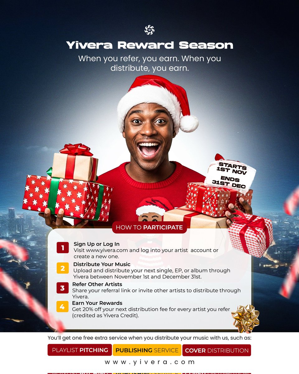 Yivera Reward Season is live!

Refer an artist, get rewarded.
Distribute your next release, enjoy a free bonus service.

Which one are you doing first – referring or distributing?

#YiveraDistro #YiveraRewardSeason