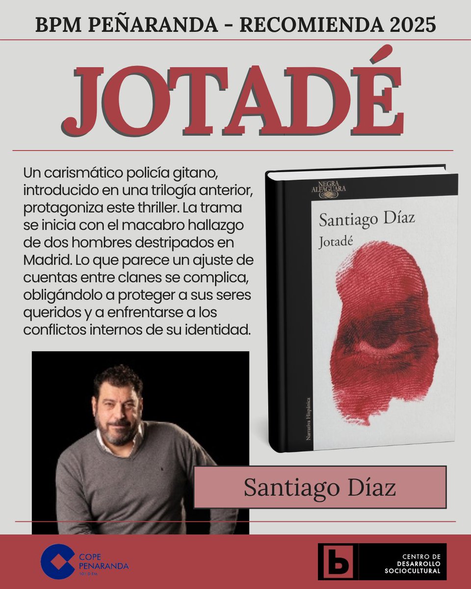 🕵️‍♂️ Recomendación de la semana en #COPEPeñaranda
José Luis nos invita a leer #Jotadé, de #SantiagoDíaz.
Un thriller negro trepidante con un policía gitano, un crimen brutal y un pasado que duele.
📅 Arranca hoy el #FestivalBracamonteEnNegro
#LecturaRecomendada #NovelaNegra