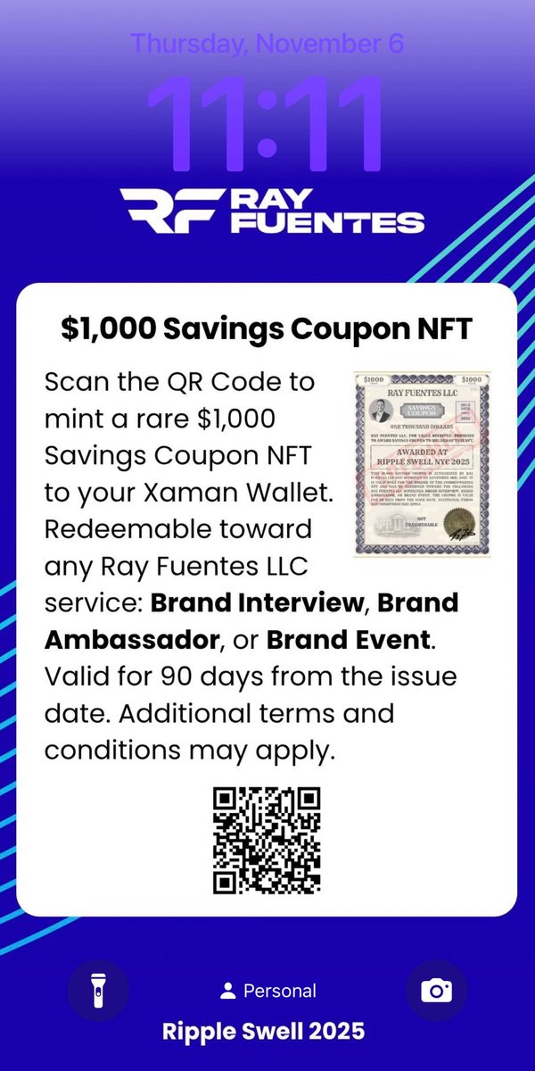 RayFuentesIO's tweet photo. Productive time at #RippleSwell 🌊 Interested in interviews, ambassadorship, or events? Scan the QR to mint a $1,000 Savings Coupon NFT—redeemable for select Ray Fuentes services. Limited run. Let’s build. 🤝 #RayFuentesIO #XRP #Web3 https://t.co/ijTRaMNJ7A