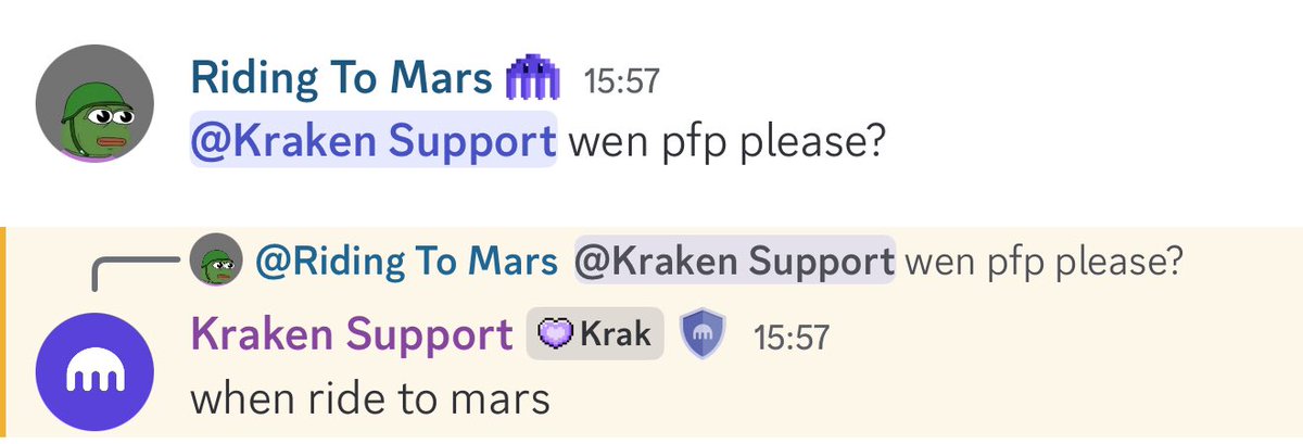 lolguyctoX's tweet photo. I went in for my daily dose of Kraken and they hit me up straight away.

$PFP is coded, this isn’t going to the moon!! This is going to MARSSS AND BEYOND. https://t.co/MxV1T9oDEO