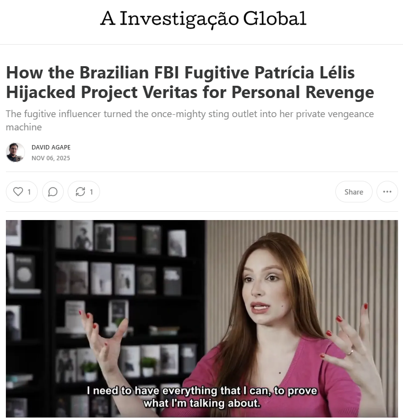 david_agape_'s tweet image. In this investigation, I reveal how Patrícia Lélis — a Brazilian political figure notorious for years of scandals both in Brazil and the U.S. — joined forces with the collapsing conservative group Project Veritas, turning it into a personal weapon of revenge.

Thread below. 👇