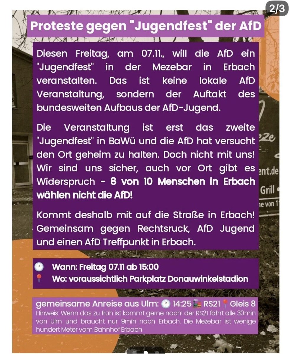 Protest gegen AFD Jugendfest am 7.11. in Erbach. Bitte teilen ‼️